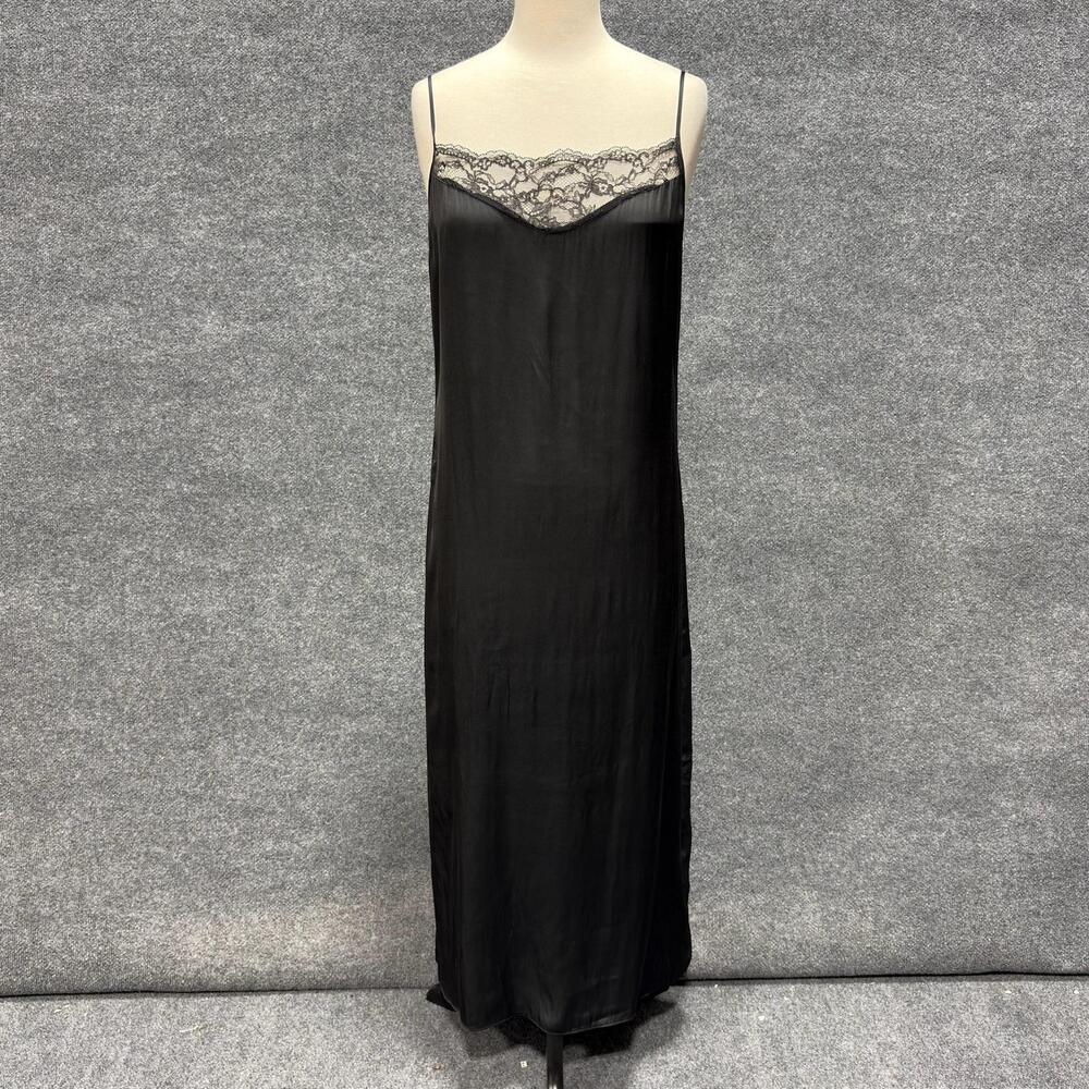 Maje Dress Womens 40 Black 8 Satin Lace Trim Slip Maxi Spaghetti Strap Evening